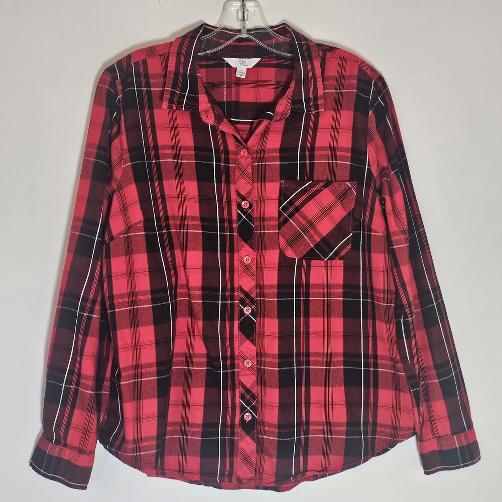 Time and Tru Flannel Shirt Womens Large Red Black Plaid Pocket Cotton Roll Tab L